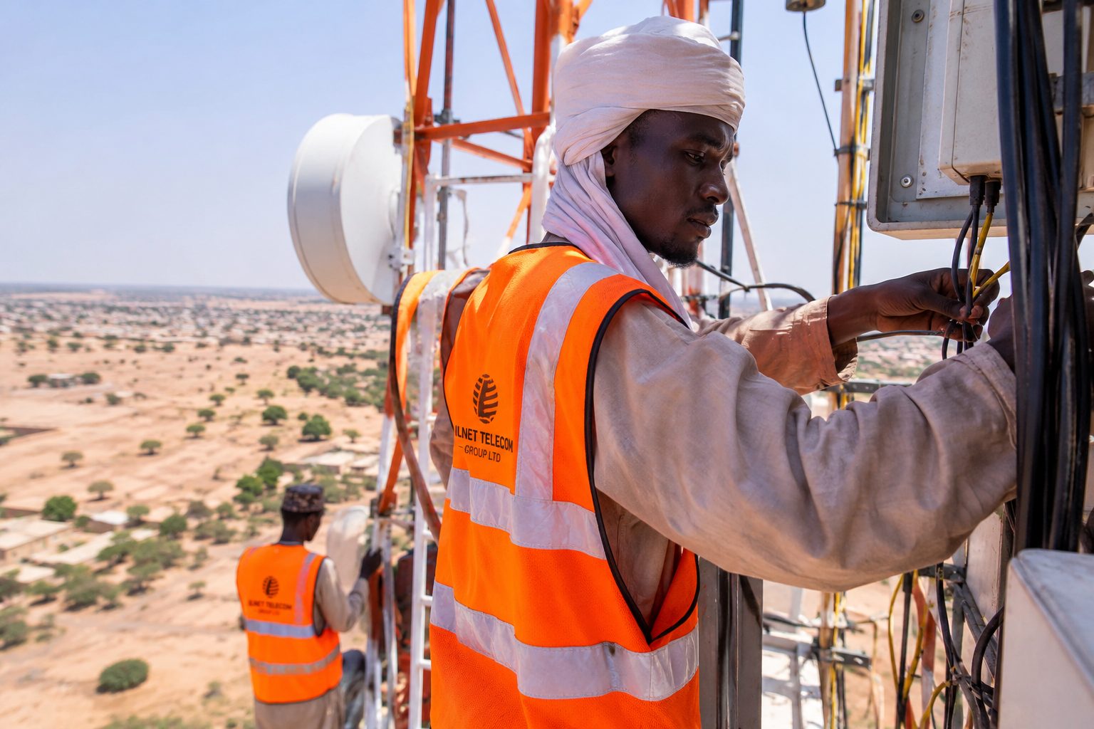 Ingénieurs ILNET TELECOM au sommet d'un pylône au Sahel, pour que votre débit ne tombe jamais